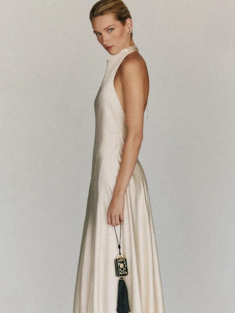 Ivory Satin Halter-Neck Maxi Dress