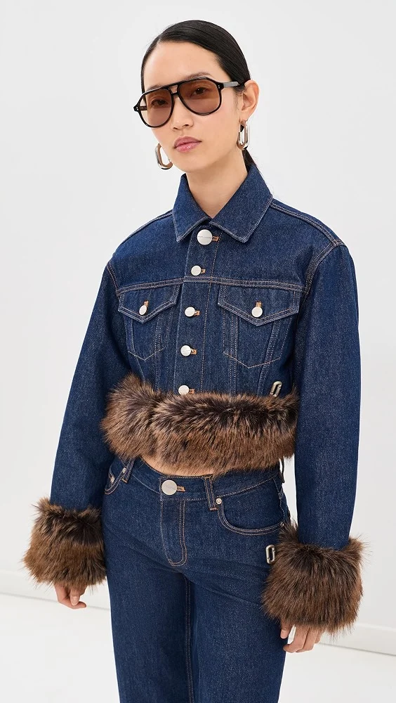 Faux Fur Shrunken Denim Trucker Jacket
