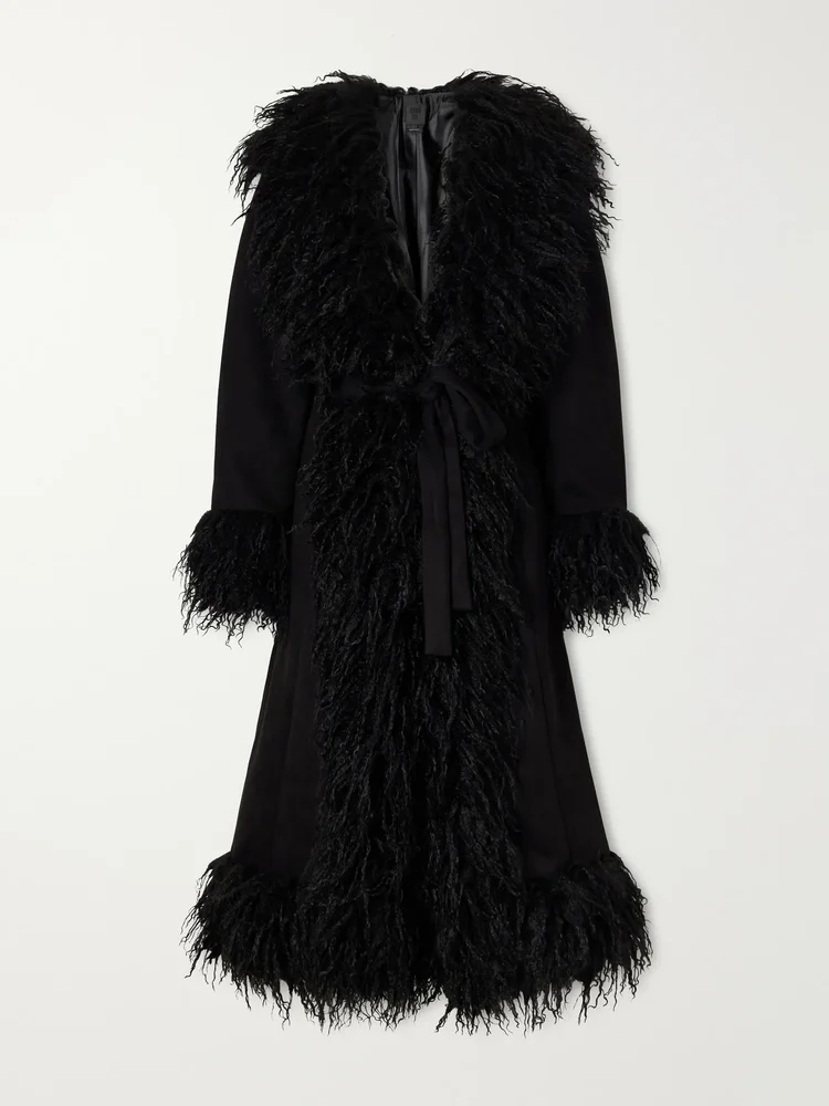Belted plush-trimmed woven coat