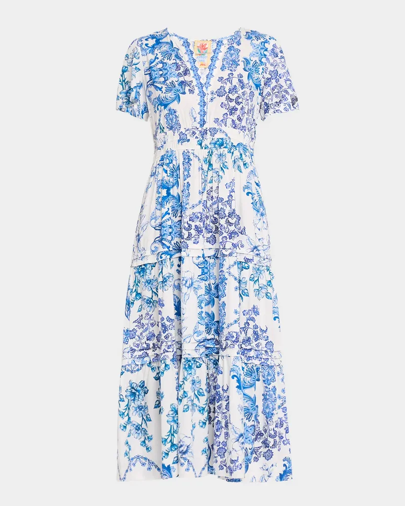 Vallora Floral-Print Pintuck Tiered Midi Dress