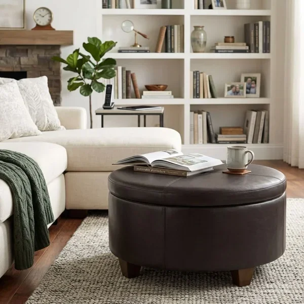 Baller 31.75-inch Wide Faux Leather Tufted Round Storage Ottoman