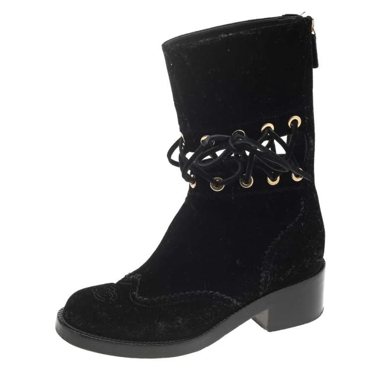 Chanel Black Velvet CC Ankle Length Boots Size 36