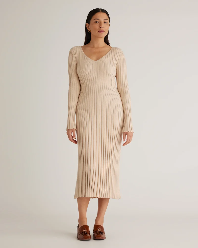 Cotton Cashmere Ribbed Long Sleeve V-Neck Midi Dress