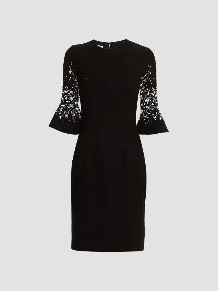 Crepe Flounce-Cuff Flower Pearl-Embellished Dress
