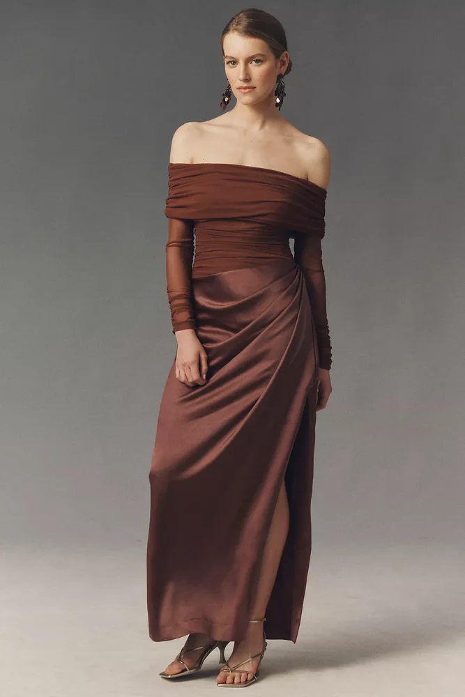 Off-Shoulder Long Sleeve Stretch Mesh Maxi Dress