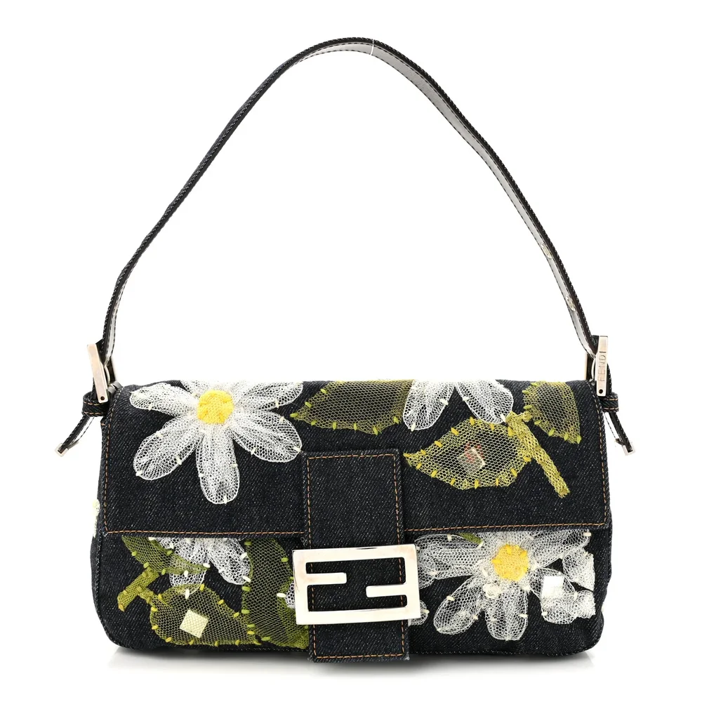 Pre-Owned Denim Flower Applique Baguette Blue