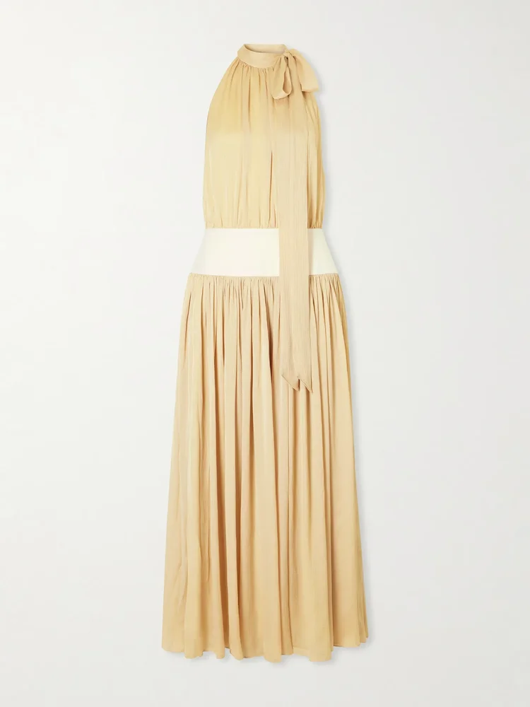 Knotted halterneck satin-trimmed crepon midi dress
