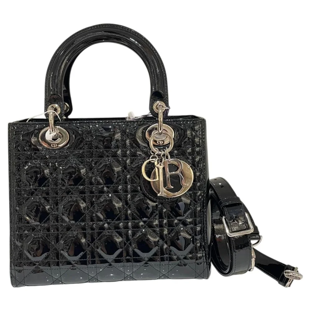 Pre-Owned Excellent Black Patent Medium Lady Dior with Silver Hardware