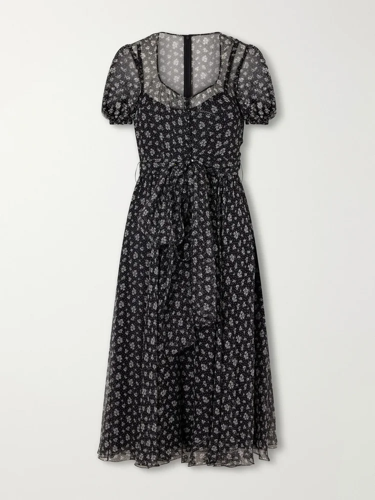 Tie-detailed floral-print silk-blend georgette midi dress