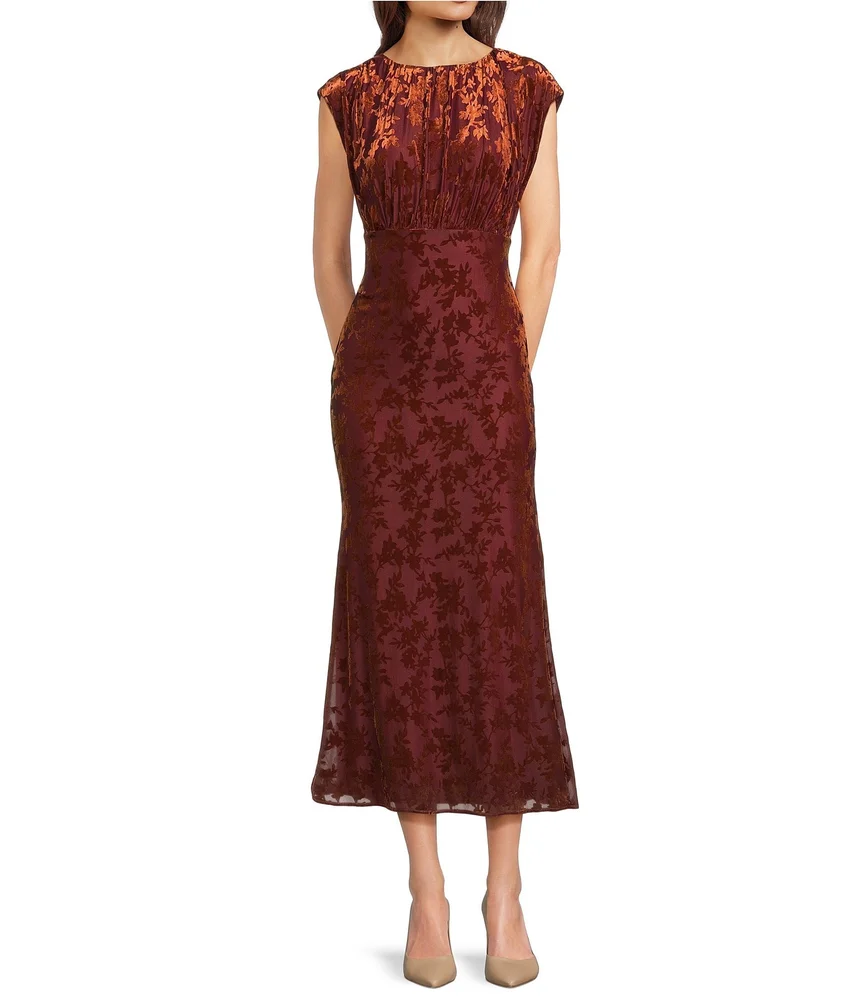 Belle by Badgley Mischka Kristina Velvet Burnout Fit And Flare Boat Neck Cap Sleeve Midi Dress
