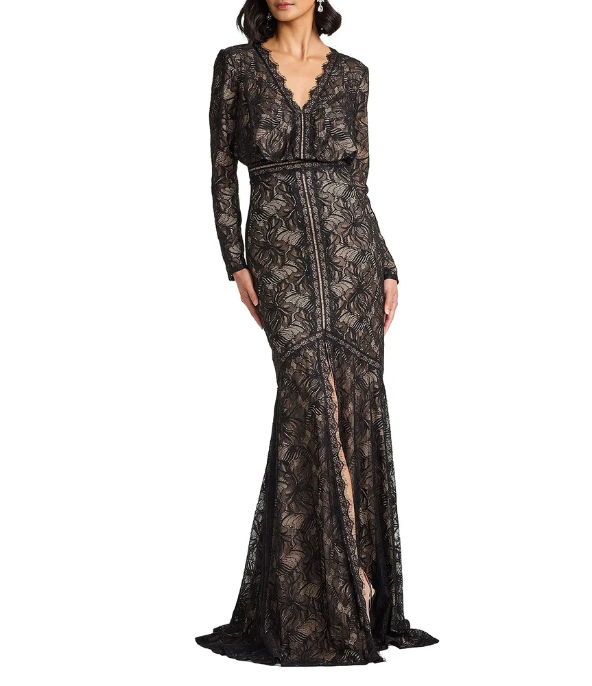 Long Sleeve Lace V Neck Gown