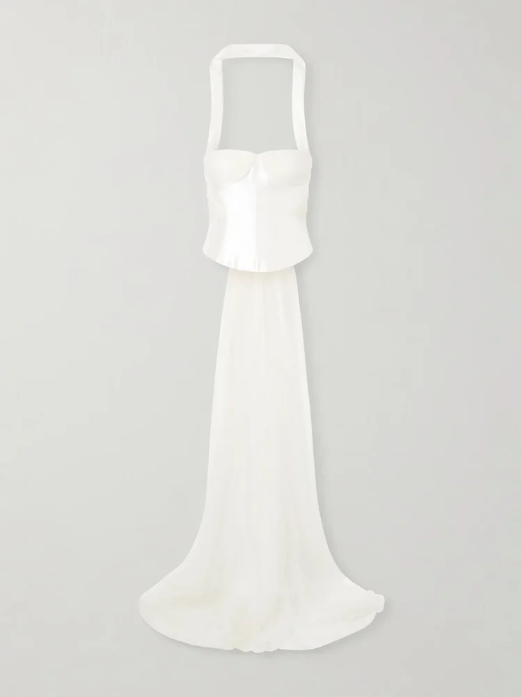 Viola gathered draped tulle-trimmed wool and silk-blend twill top