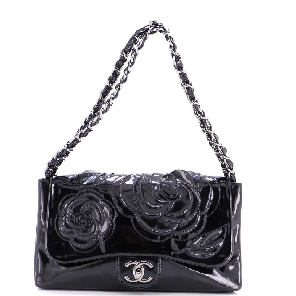 Pre-Owned Chanel Tweed Petals Camellia Flap Bag Patent Medium