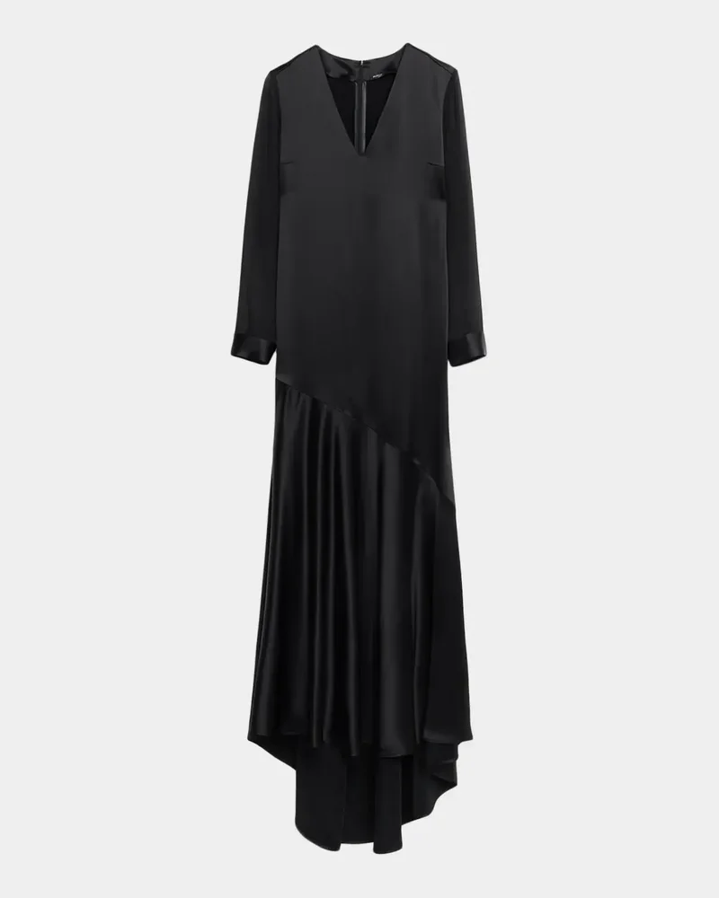 V-Neck Satin Long-Sleeve Belted Maxi Dress