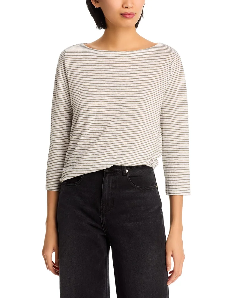 Striped Linen Jersey Three Quarter Sleeve Tee
