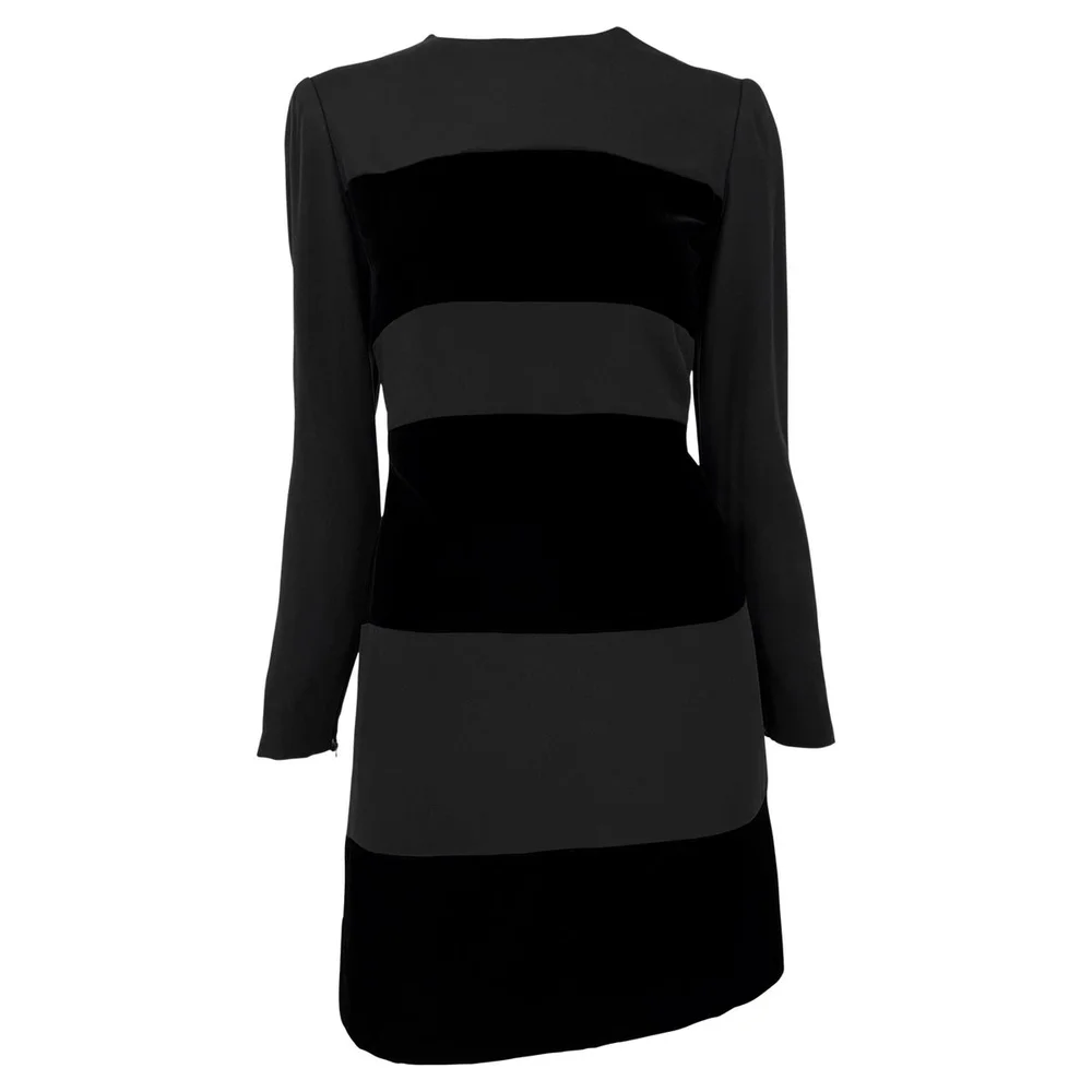 Early 1990s Oscar de La Renta Black Velvet Strip Long Sleeve Mini Dress US4