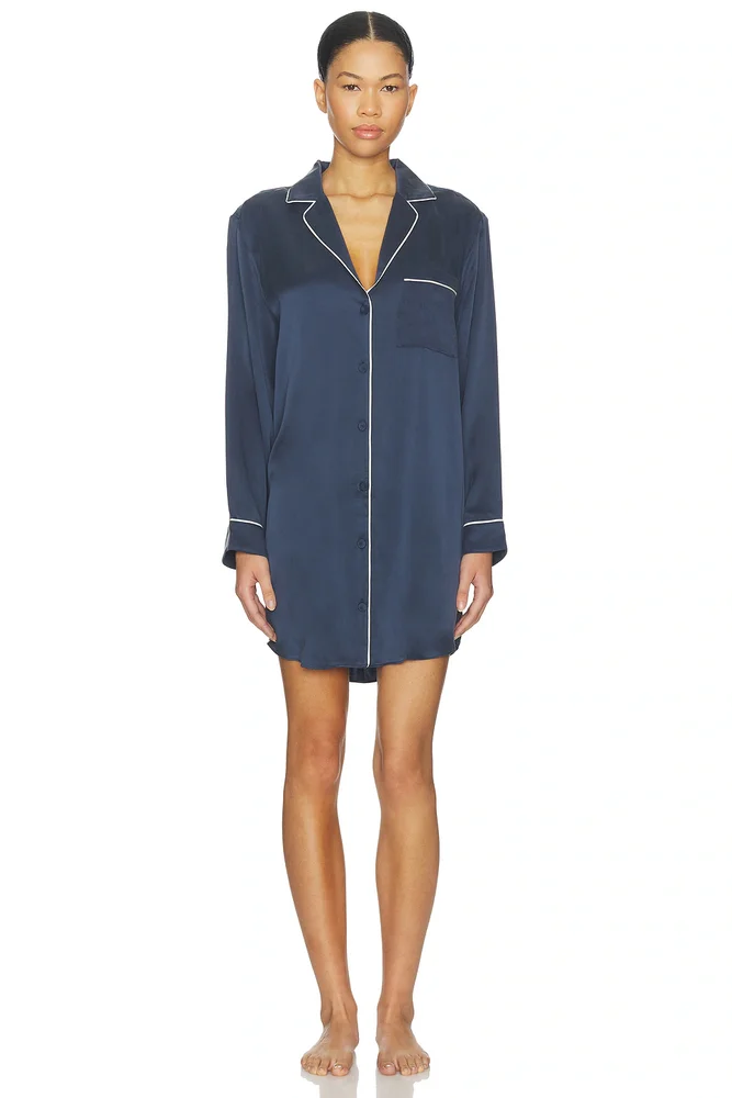 Washable Silk Piped Sleep Shirt Dress