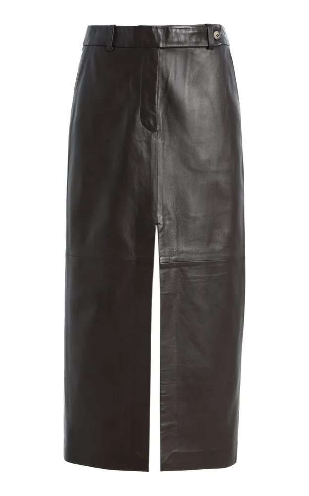Tailored Front-Slit Leather Midi Skirt