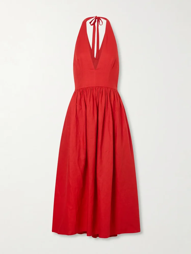 grazia gathered linen midi dress