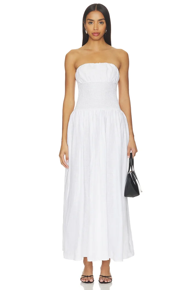 Solid Linen Smocked Waist Tube Maxi Dress