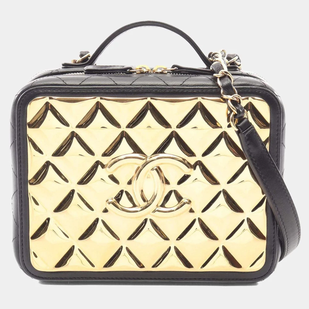Golden Plate Medium Black Lambskin Quilted Metal Vanity 2-Way Crossbody Bag