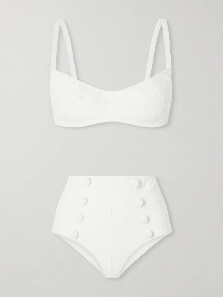 Balconette button-embellished floral-jacquard bikini
