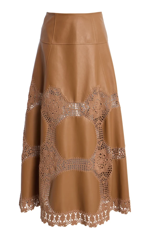 Izra Crochet Leather Midi Skirt