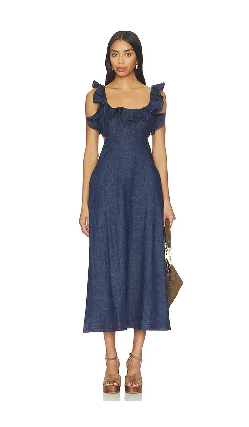 Aster Denim Frill Midi Dress