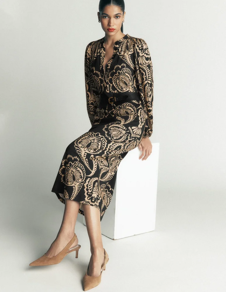 Boden Honor Column Jersey Midi Dress-Raw Umber, Bouquet Breeze