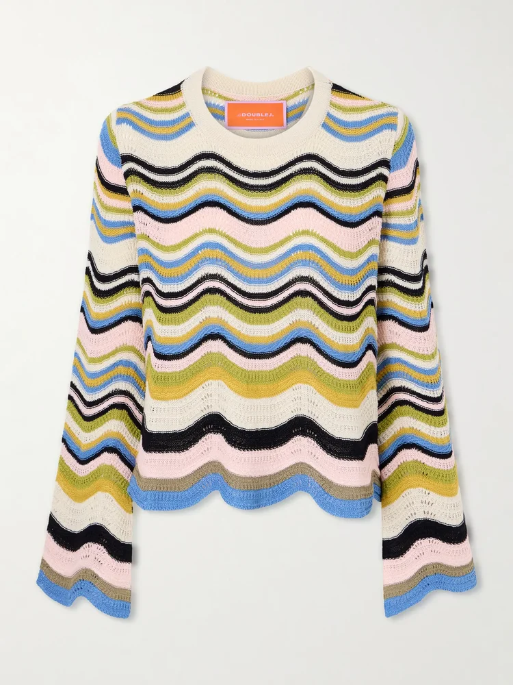 Scalloped striped crocheted cotton T-shirt
