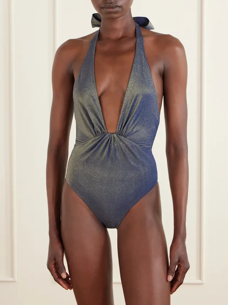 Aster twisted metallic halterneck swimsuit