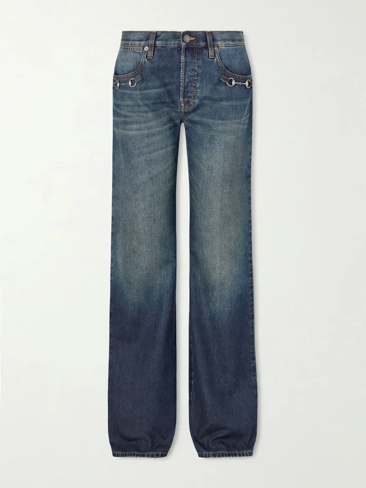 horsebit embellished mid rise wide leg jeans