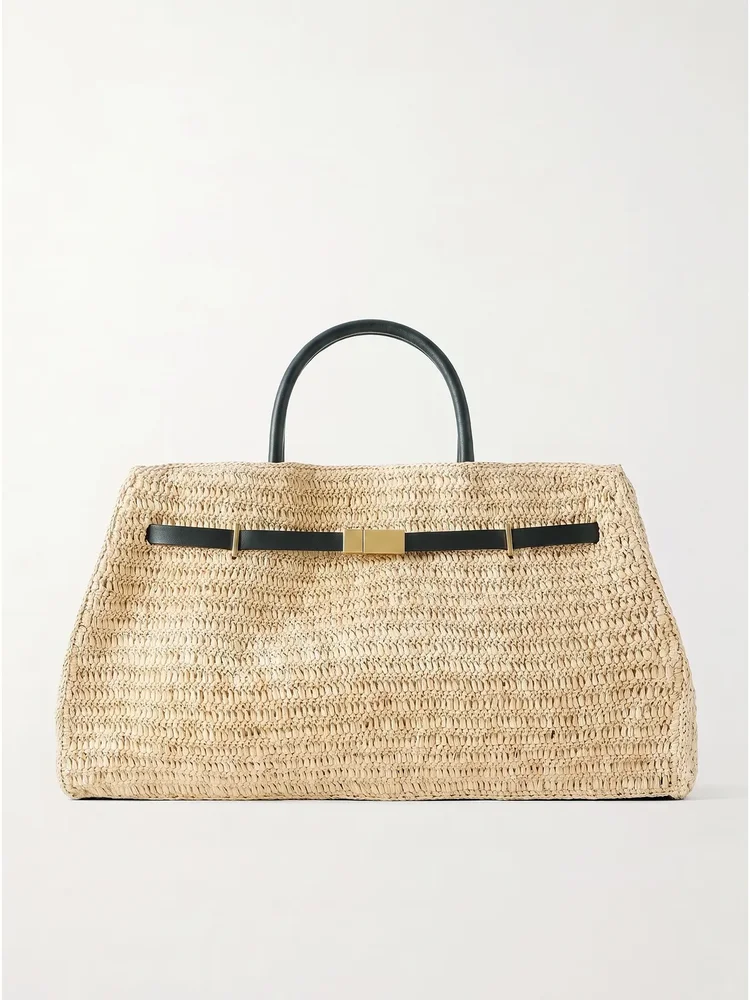 Hudson leather-trimmed raffia tote