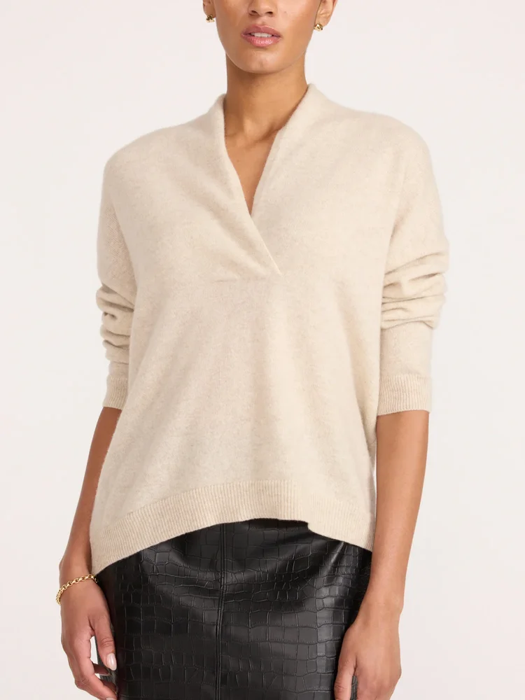 Siena Wrap Neck Cashmere Pullover in Stone Melange