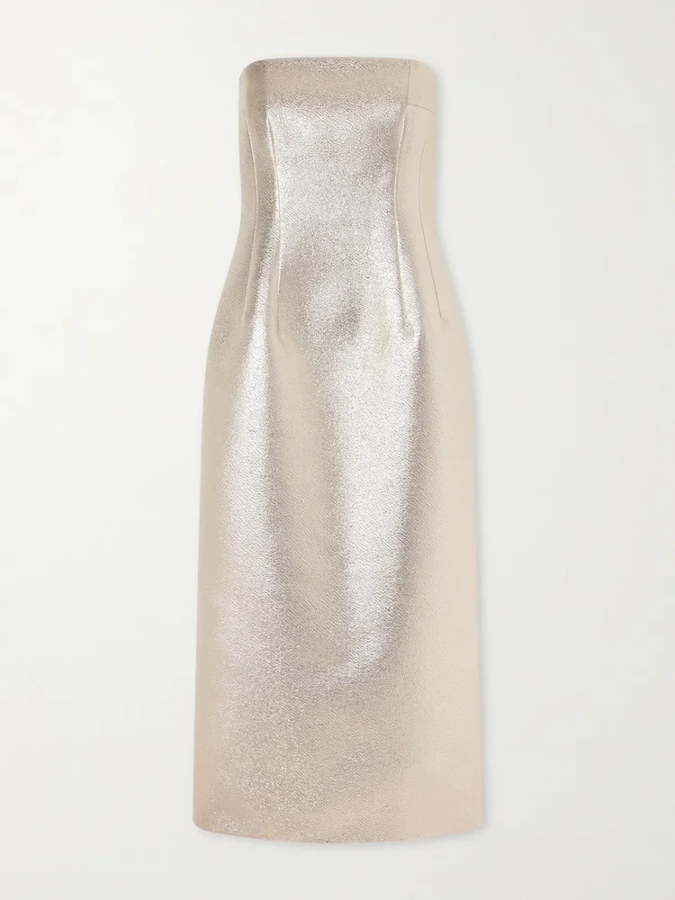 leila strapless metallic cloque midi dress