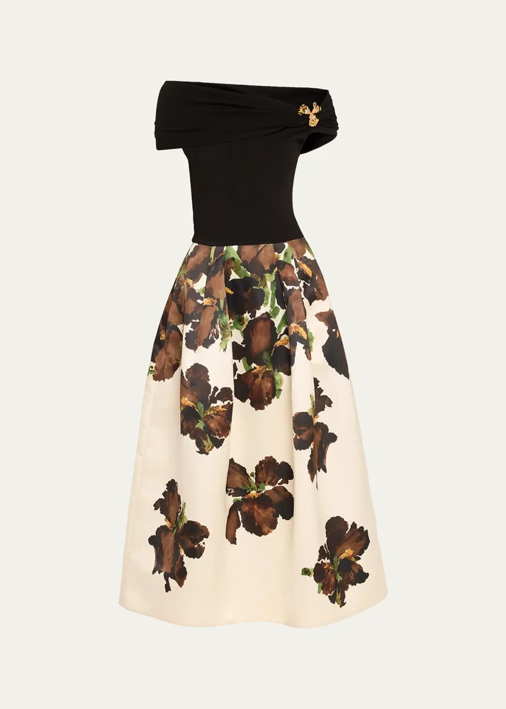 Off-The-Shoulder Knit Watercolor Iris Midi Dress