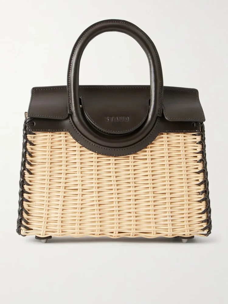 Maude mini leather-trimmed raffia tote