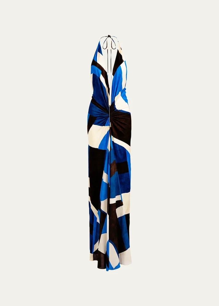 Malek Geo-Print Ruched Velvet Halter Maxi Dress