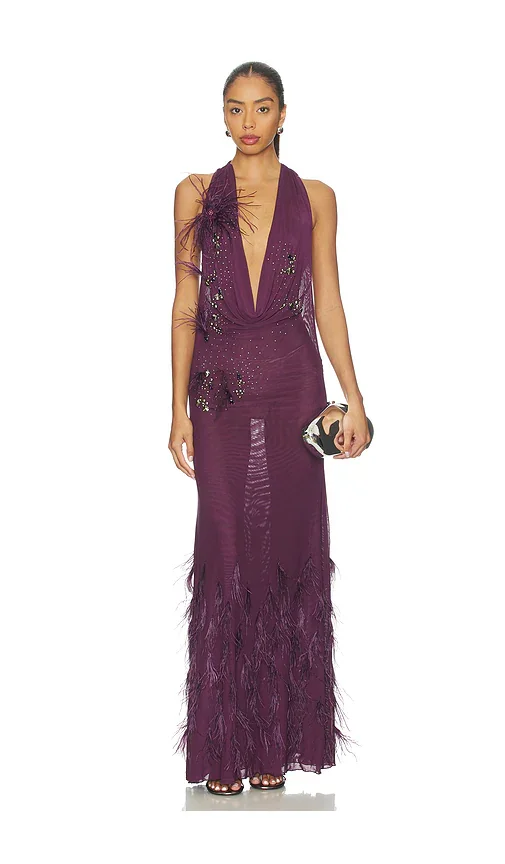 Maxi Cowl Feather Dress Jaded London
