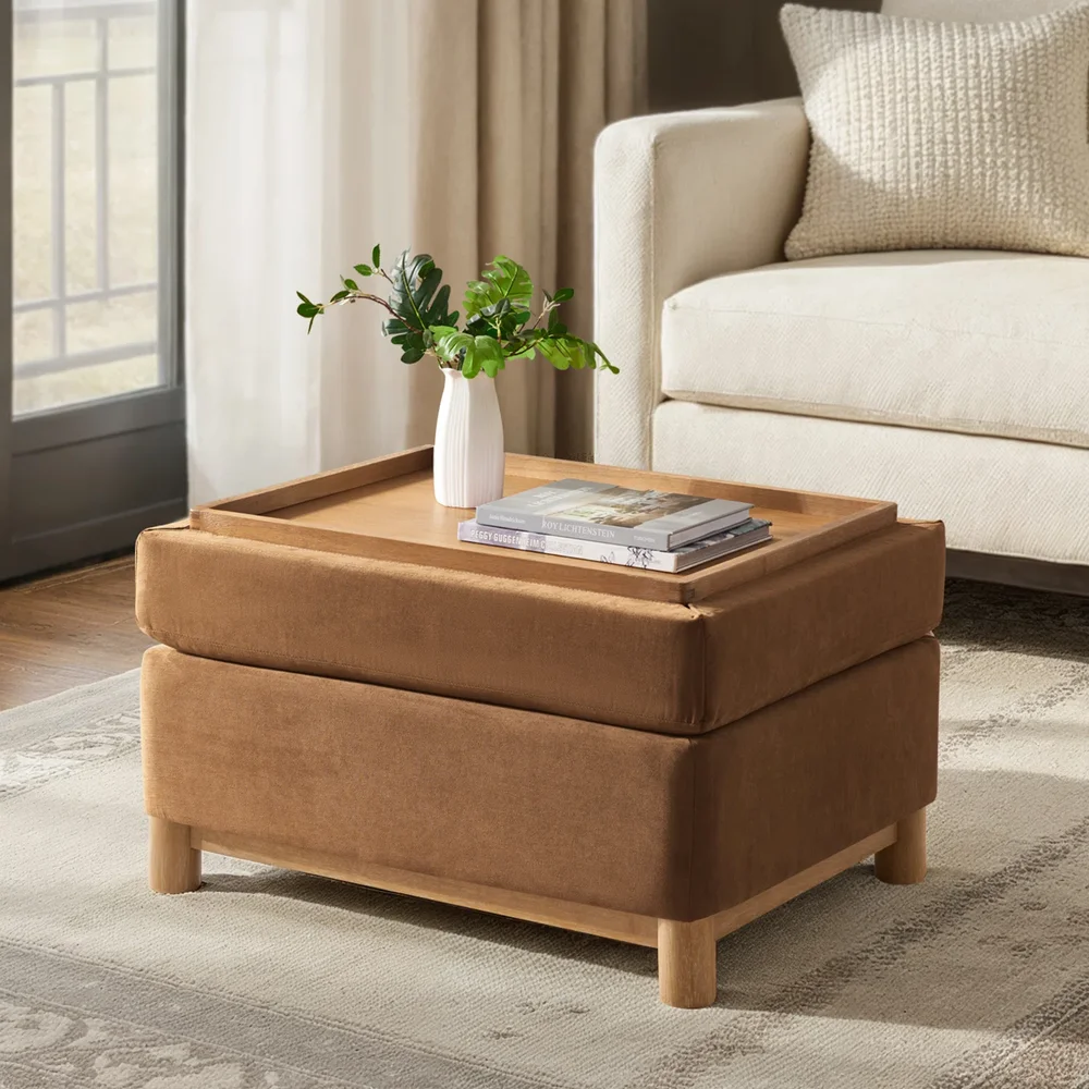 Lessman Modern 30.25"W Rectangular Chenille Storage Ottoman with Reversible Flip-Top Tray