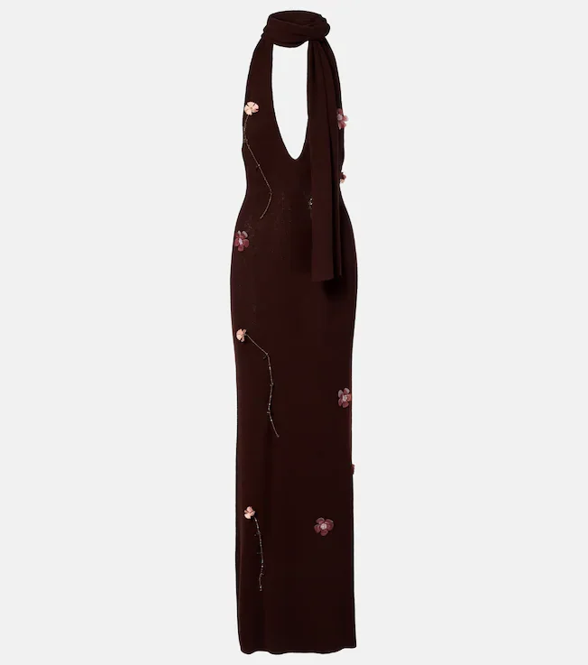 Stem floral-appliqué knitted maxi dress
