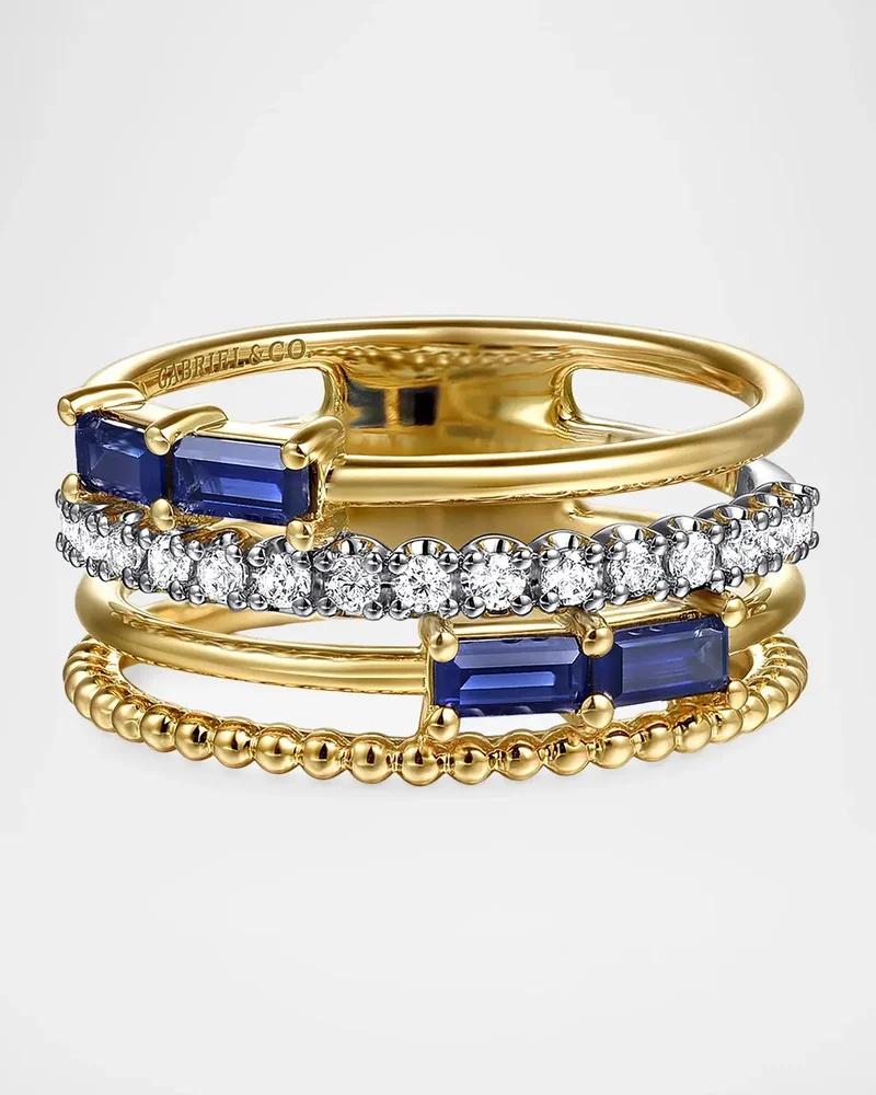 Bujukan Two-Tone 14K Gold, Blue Sapphire & 0.20 TCW Diamond Multi-Band Ring