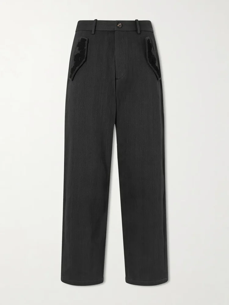 Straight-Leg Embroidered Cotton-Twill Trousers