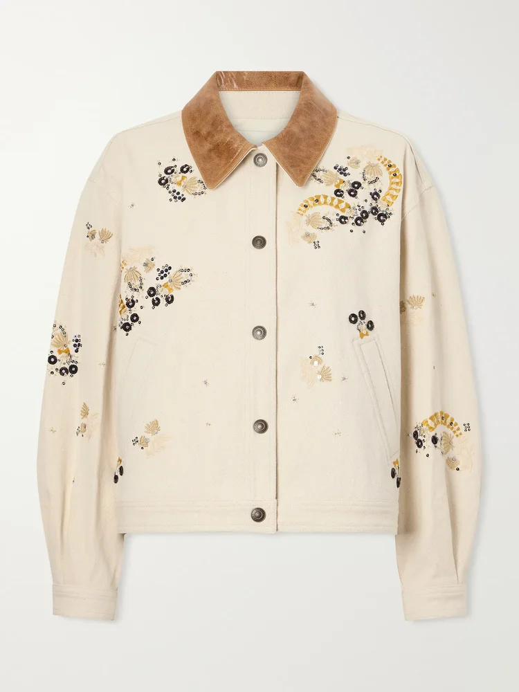 Lavine leather-trimmed embellished embroidered denim jacket