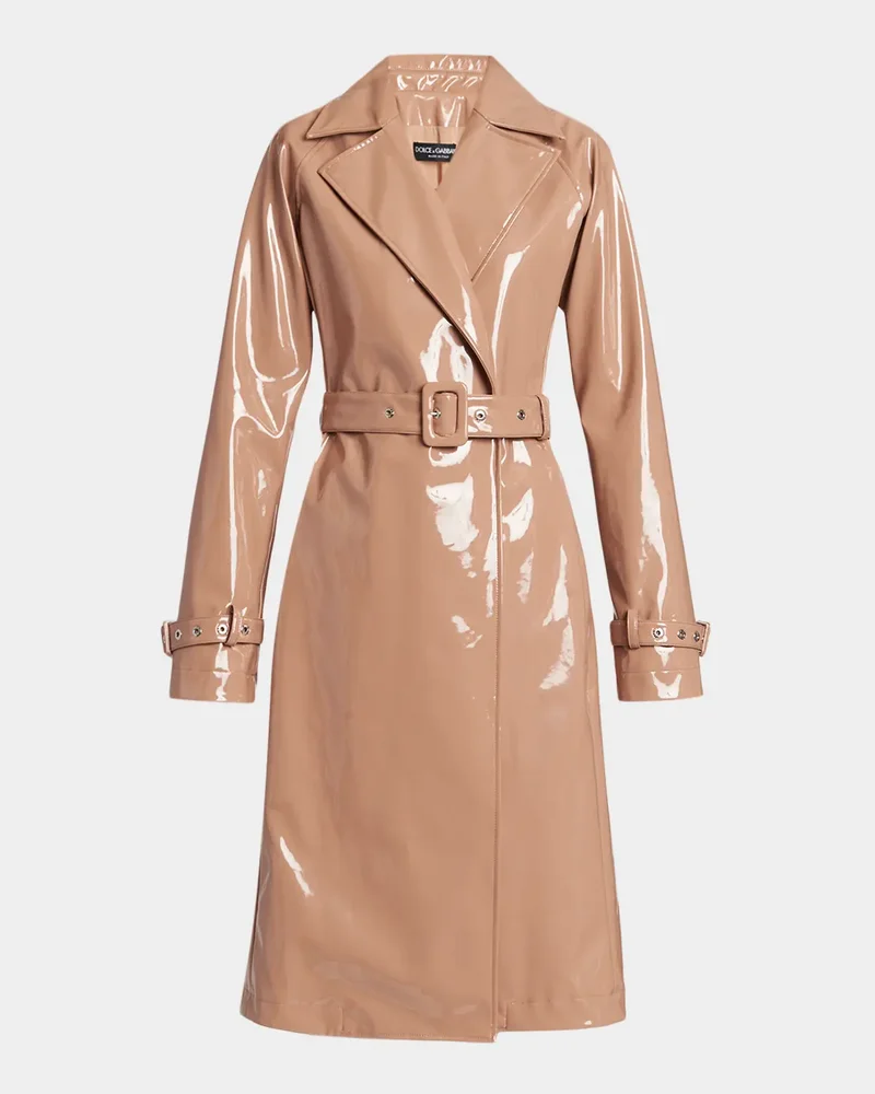 Coated Faux Leather Belted Trench Coat