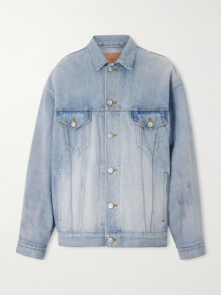 Oversized distressed printed denim jacket