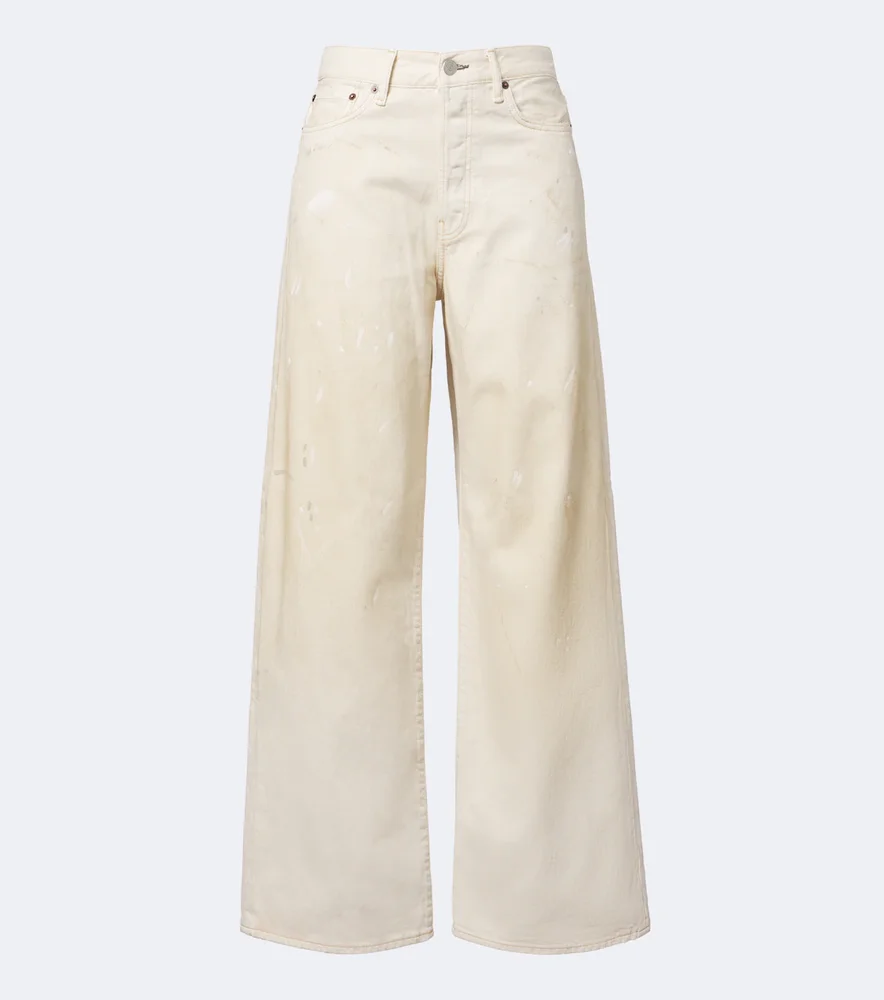 Distressed leather-trimmed wide-leg jeans