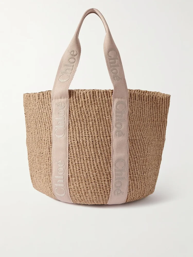 Woody large leather-trimmed raffia tote