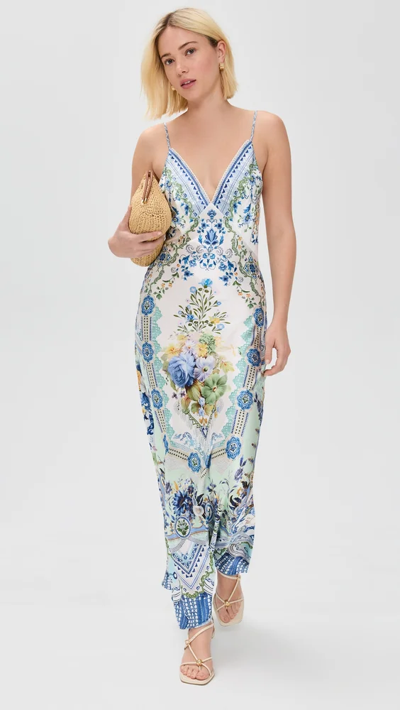 V Neck Full Length Bias Slip Dress