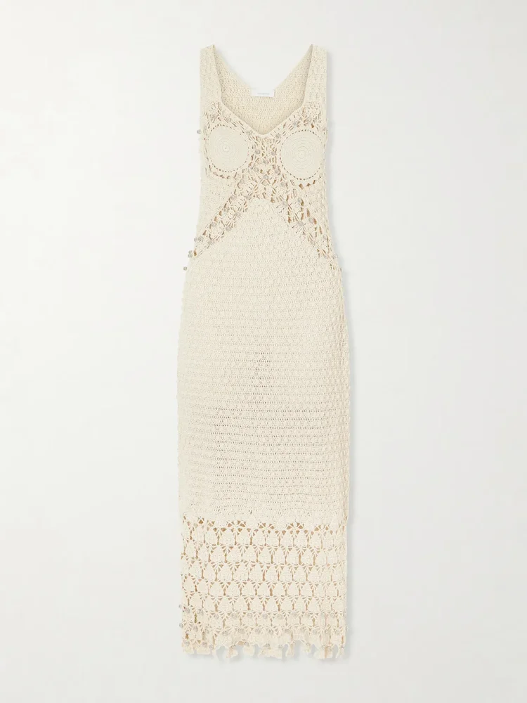 embellished crocheted cotton midi dress